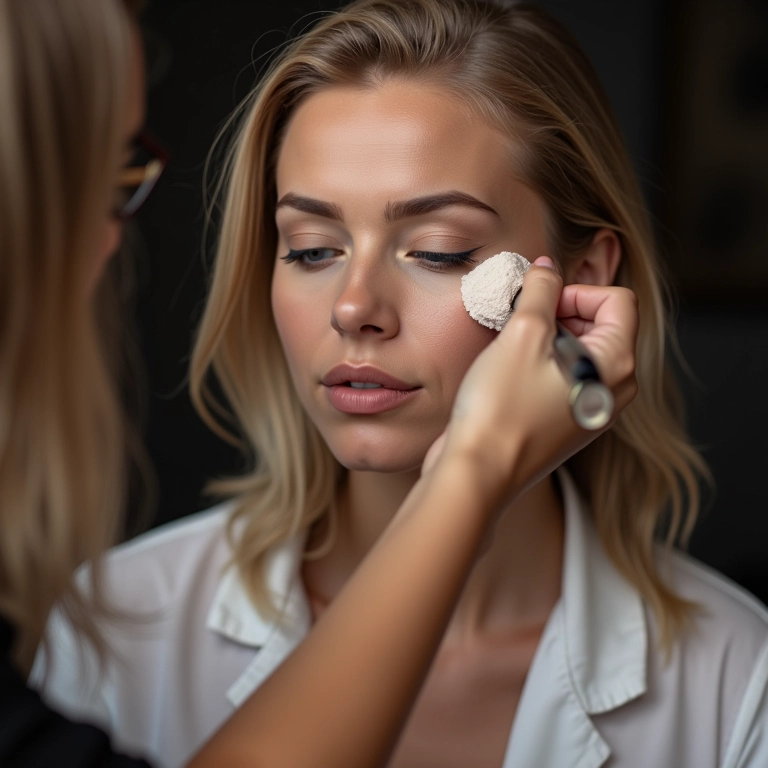 Maquiador aplicando pó solto em modelo.