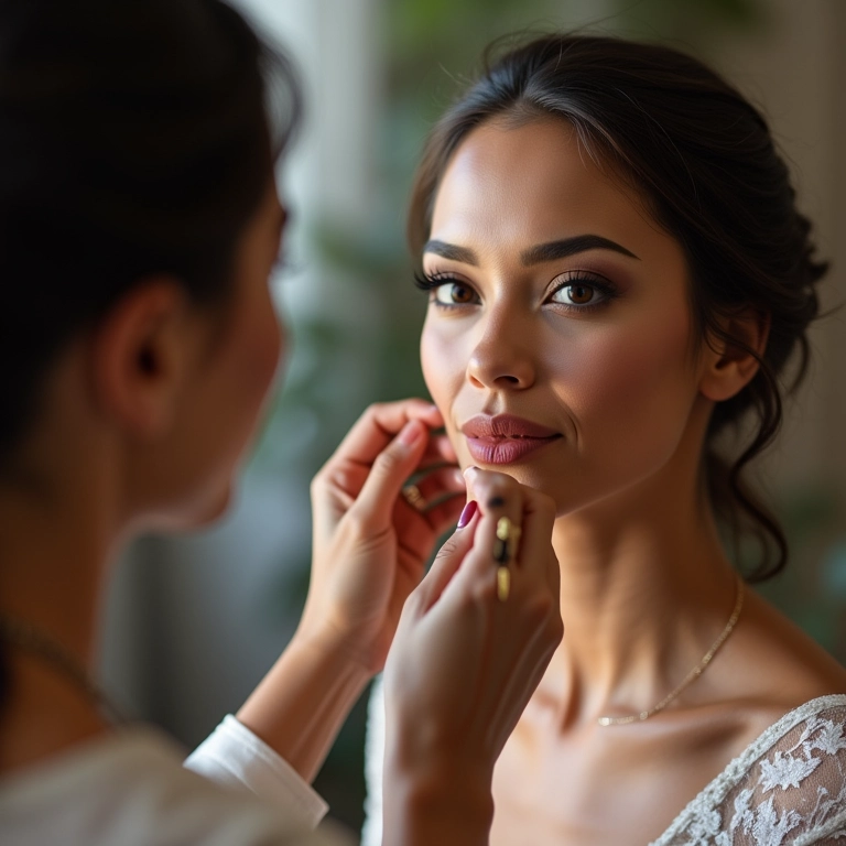 Maquiador profissional preparando noiva para casamento.