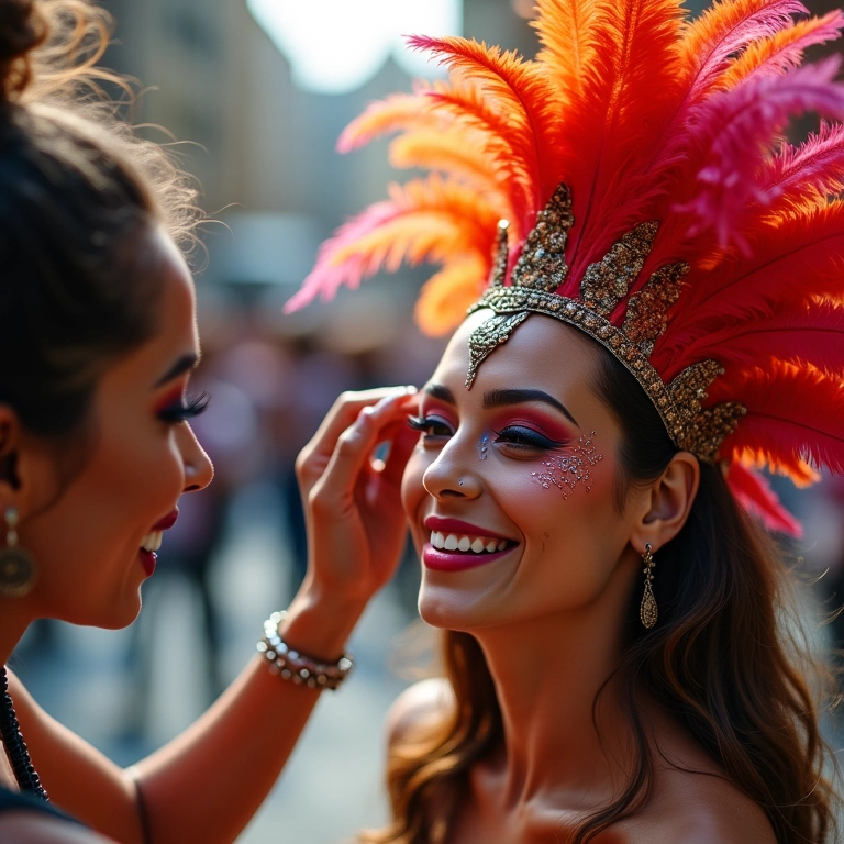 Maquiadora aplicando fixador em spray no rosto de uma mulher sorrindo, com cocar de penas vibrante, fundo desfocado de festa de rua.