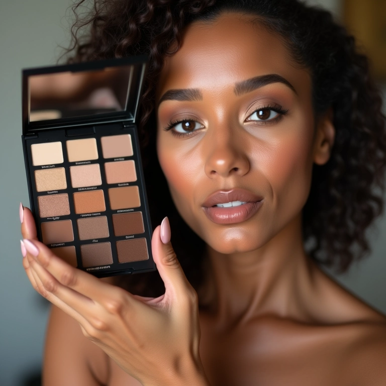 Maquiadora brasileira segurando paleta de contorno de marca nacional.