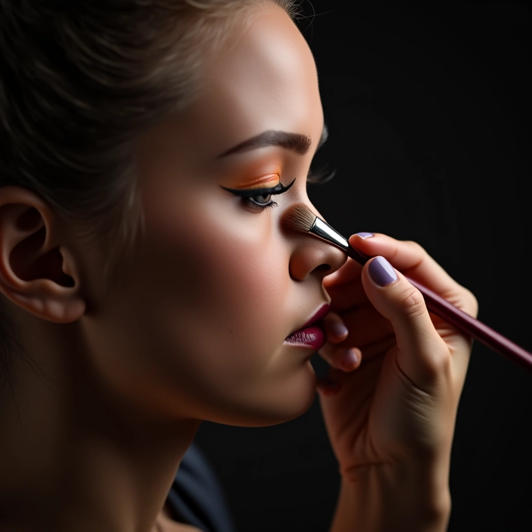 Maquiadora criando côncavo marcado com pincel de esfumar.