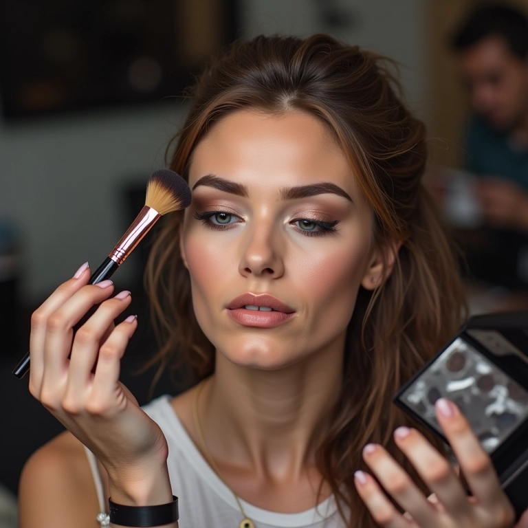 Maquiadora selecionando produtos de contorno e iluminação.