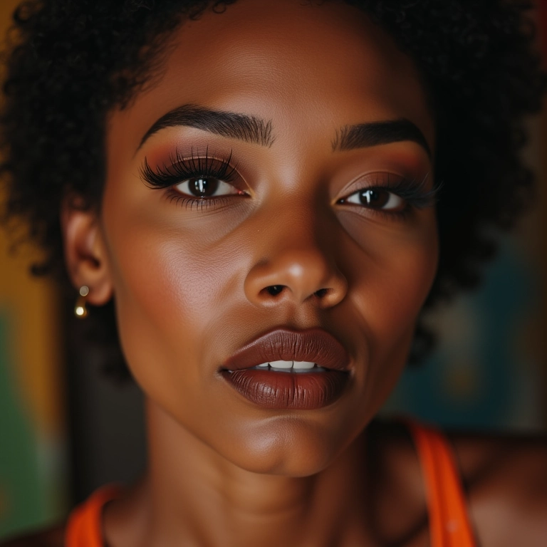 Maquiagem anos 90: Olhar marcante com batom marrom e pele matte.