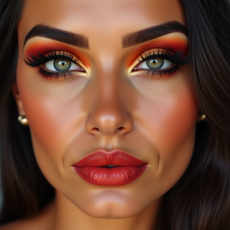 Maquiagem árabe deslumbrante em mulher brasileira, com foco nos olhos marcantes e exóticos.