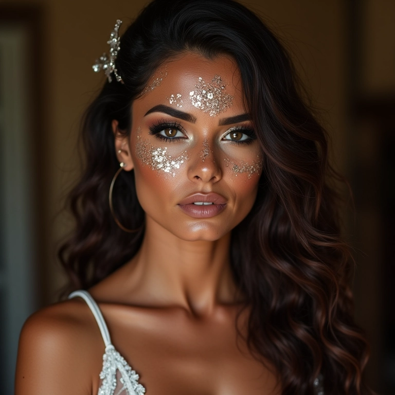 Maquiagem com brilho e glamour para casamento à noite.