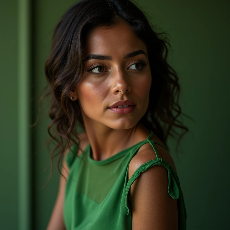 Maquiagem com cores complementares e vestido verde.