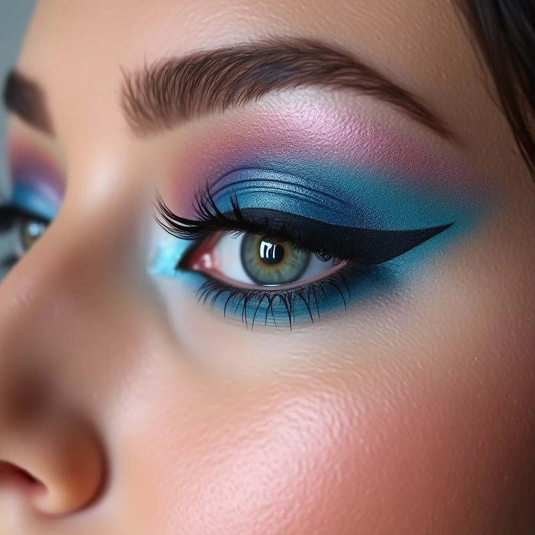 Maquiagem com tons frios de uma paleta de sombras.