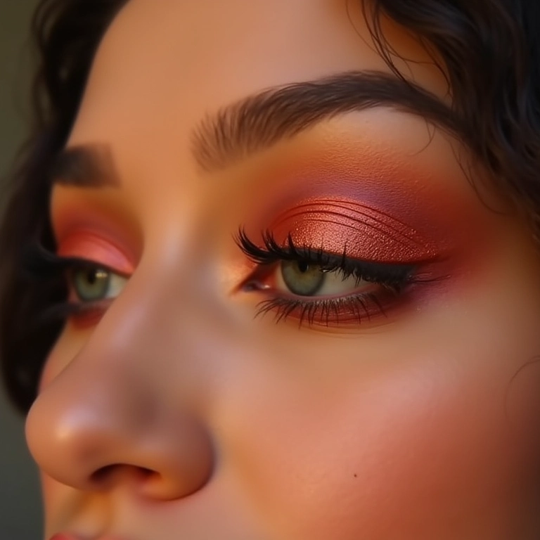 Maquiagem com tons quentes de uma paleta de sombras.