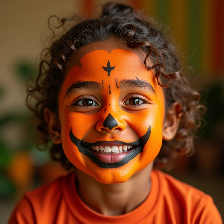 Maquiagem de abóbora com cores vibrantes e expressão alegre.