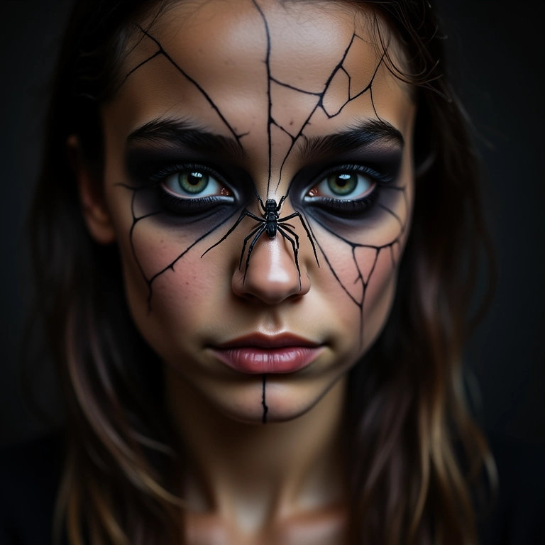 Maquiagem de aranha com teia no rosto e detalhes intrincados.