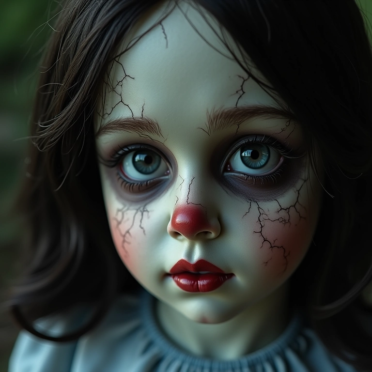 Maquiagem de boneca macabra com olhos grandes e pele de porcelana rachada.