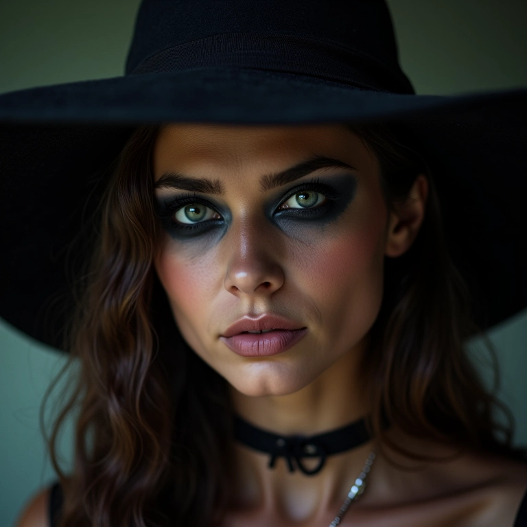 Maquiagem de bruxa com sombra escura e olhar intenso em mulher jovem.