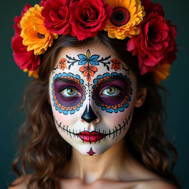 Maquiagem de caveira mexicana fácil com design floral detalhado em rosto de mulher jovem.