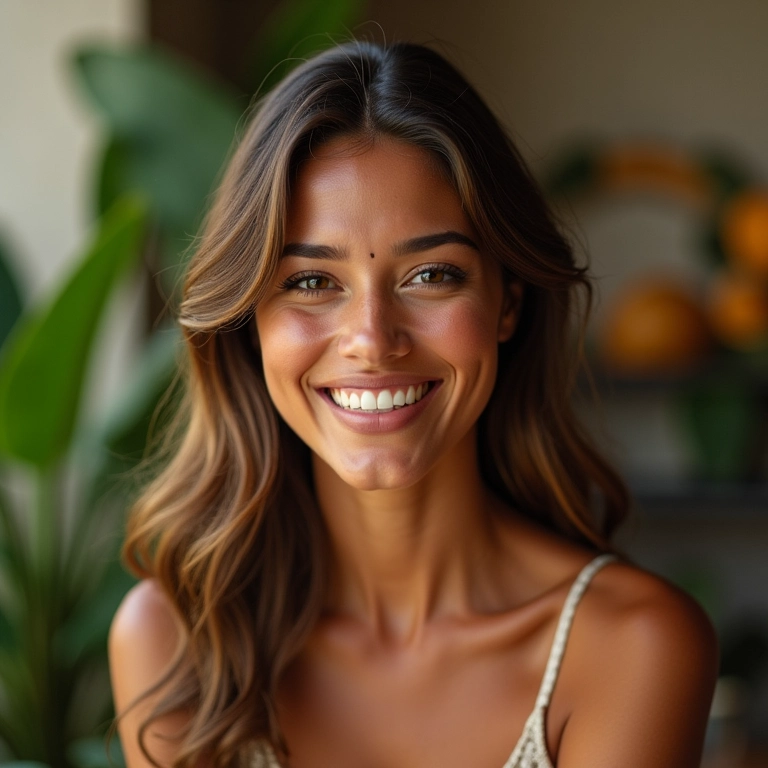 Maquiagem de debutante radiante com modelo brasileira sorrindo.