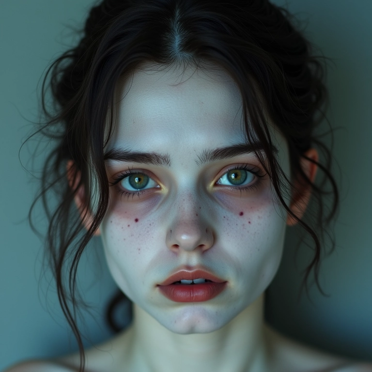 Maquiagem de fantasma com pele pálida e aparência etérea.