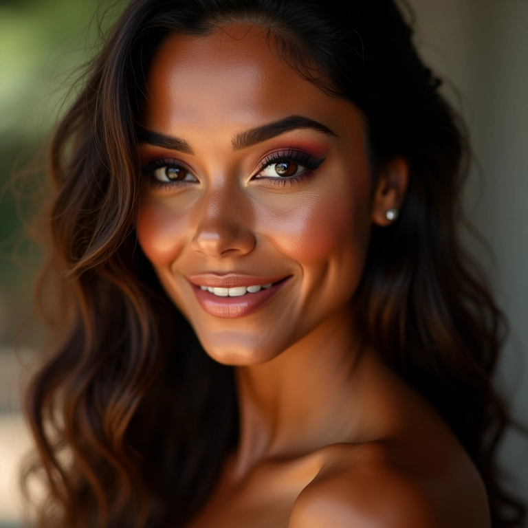 Maquiagem de festa com bronzer realçando as maçãs do rosto.