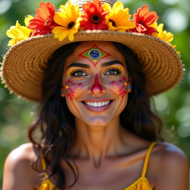 Maquiagem de Festa Junina com adereços temáticos.