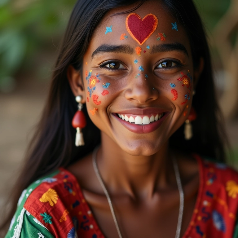 Maquiagem de Festa Junina com pintinhas e corações coloridos.
