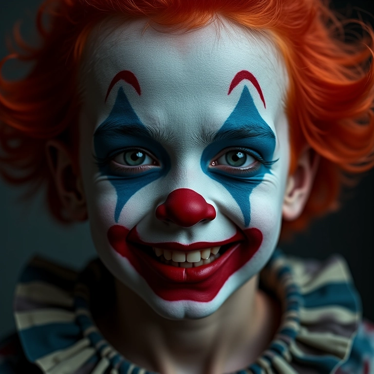 Maquiagem de palhaço assassino com detalhes macabros e sorriso assustador.