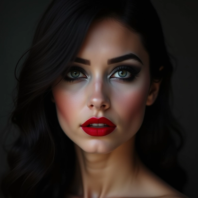 Maquiagem de vampira com batom vermelho e olhos dramáticos em mulher jovem.