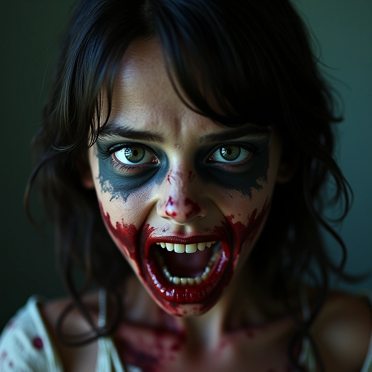 Maquiagem de zumbi assustador com pele em decomposição e detalhes realistas.