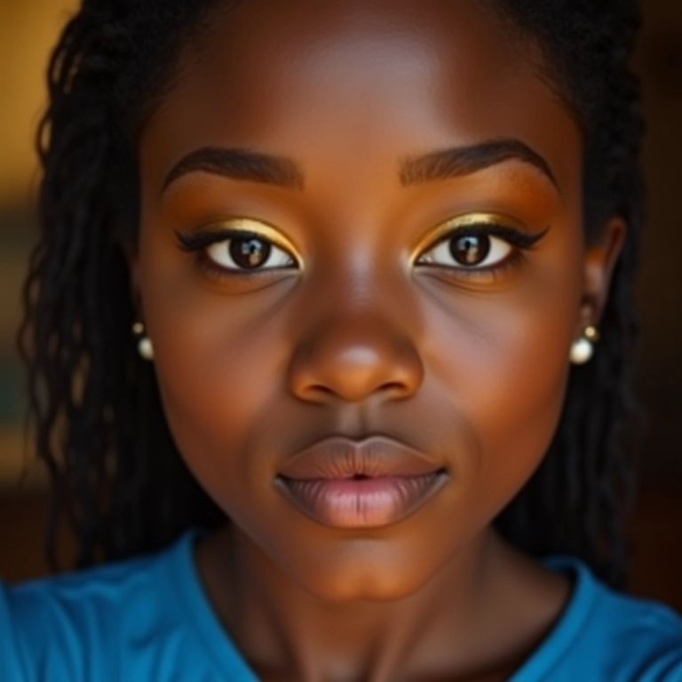 Maquiagem dourada e bronze para combinar com vestido azul.