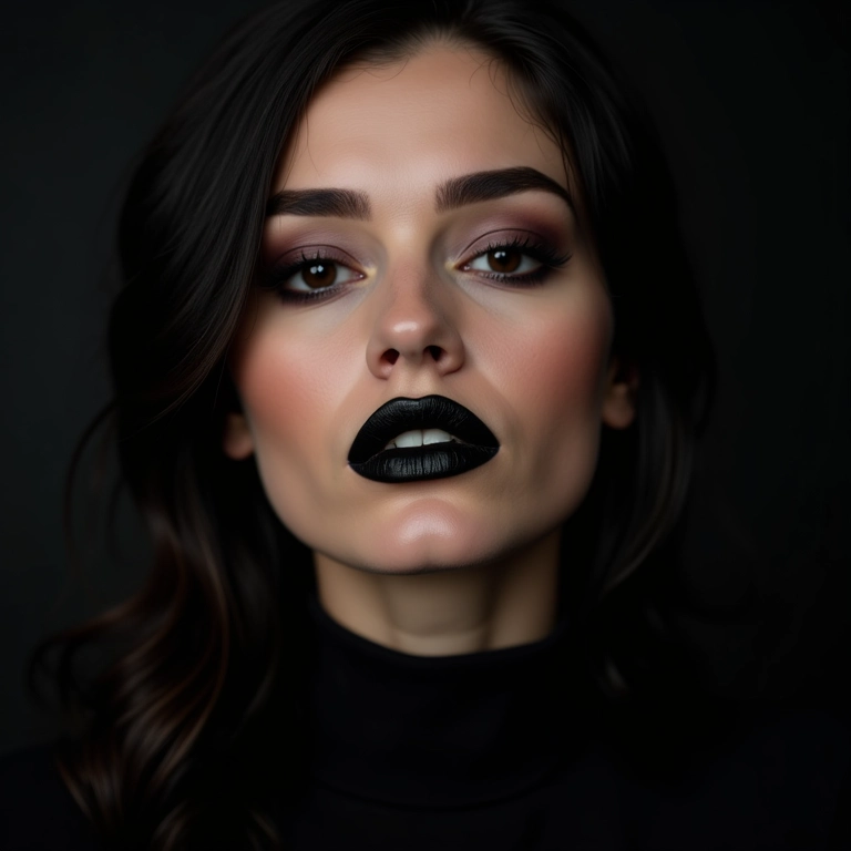Maquiagem duradoura com batom preto líquido e olhos esfumados.