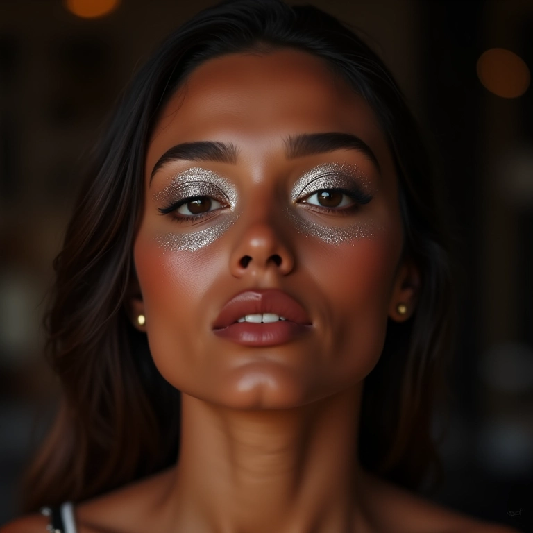 Maquiagem festiva com glitter prata nas pálpebras para o ano novo.