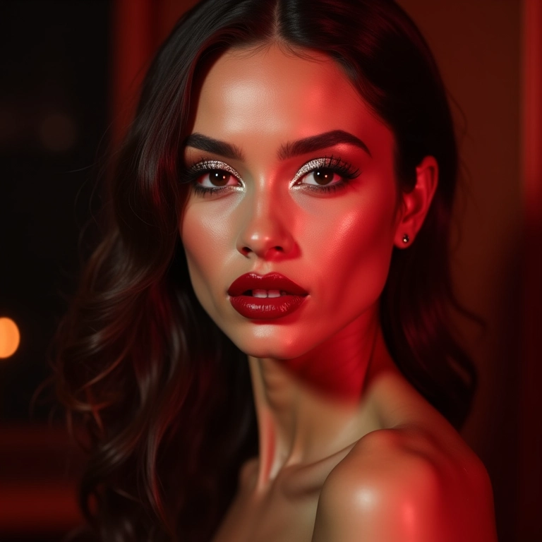 Maquiagem glamourosa para debutante com lábios vermelhos e olhos brilhantes.