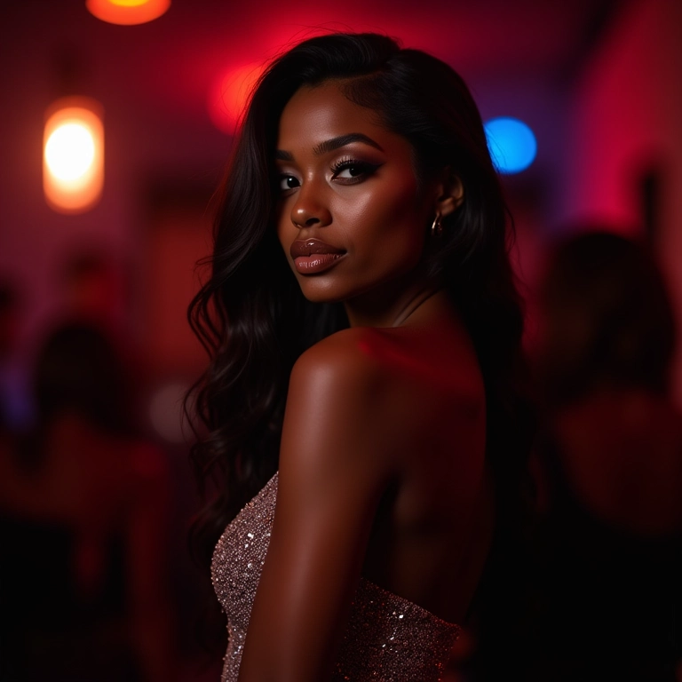 Maquiagem glamourosa para festa à noite com vestido de paetês.