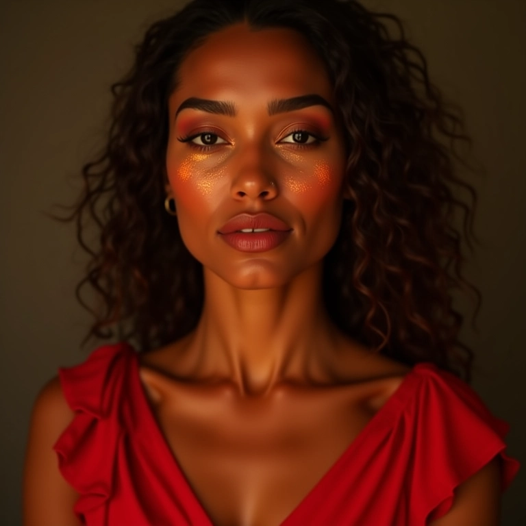 Maquiagem iluminada para brilho natural com vestido vermelho.