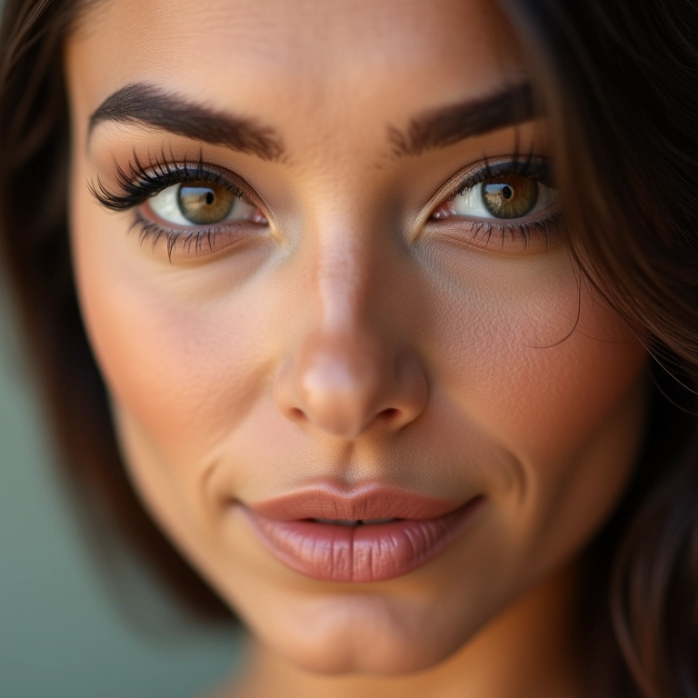 Maquiagem impecável para olhos grandes em mulher brasileira com traços marcantes.