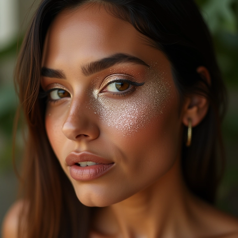 Maquiagem minimalista com foco no brilho para carnaval.