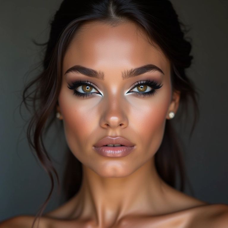 Maquiagem moderna para debutante com delineador gráfico e lábios nude.