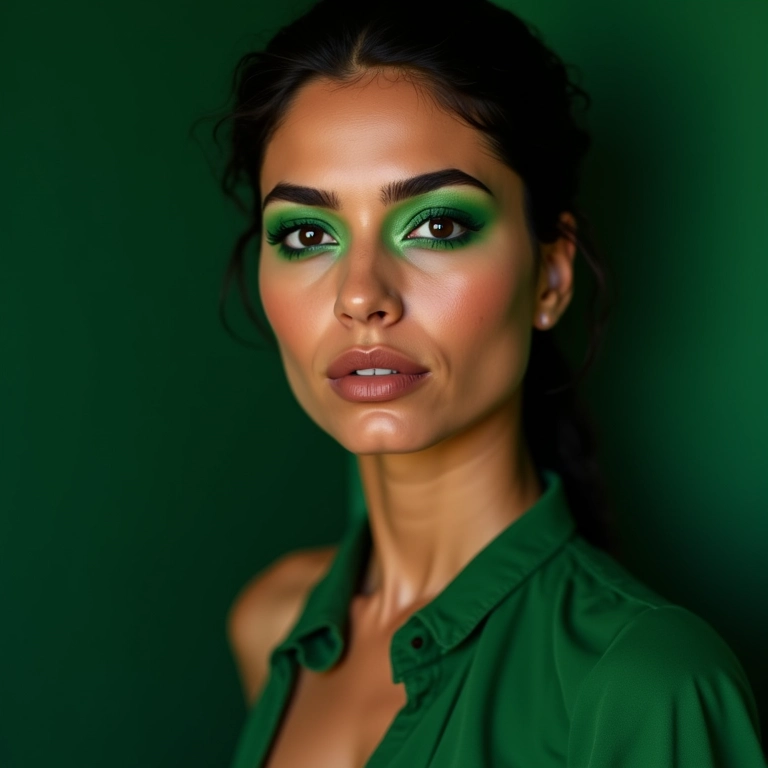 Maquiagem monocromática em tons de verde com vestido verde.