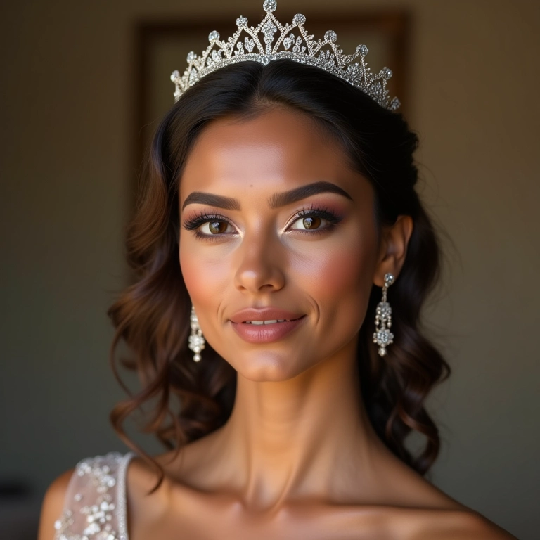 Maquiagem para debutante com acessórios como tiara e brincos.