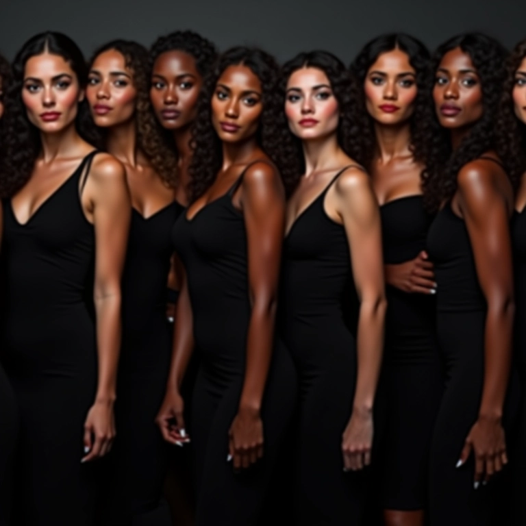 Maquiagem para diferentes tons de pele com vestido preto.