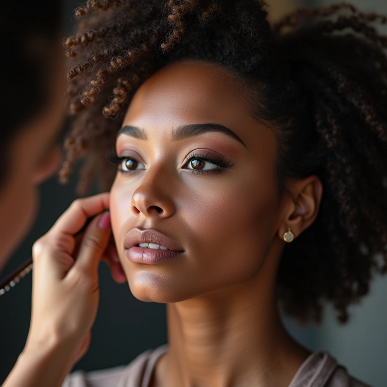Maquiagem profissional para ensaio fotográfico com modelo sorrindo.