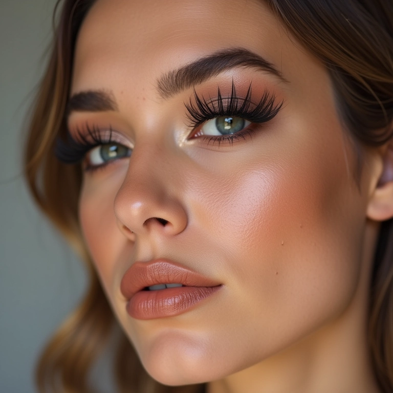 Maquiagem realçando cílios postiços.