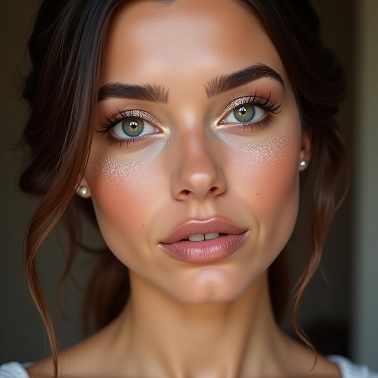 Maquiagem romântica com toques de brilho sutil.
