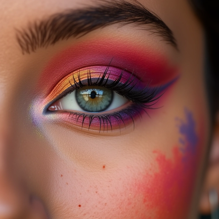 Maquiagem vibrante com cores de uma paleta de sombras.