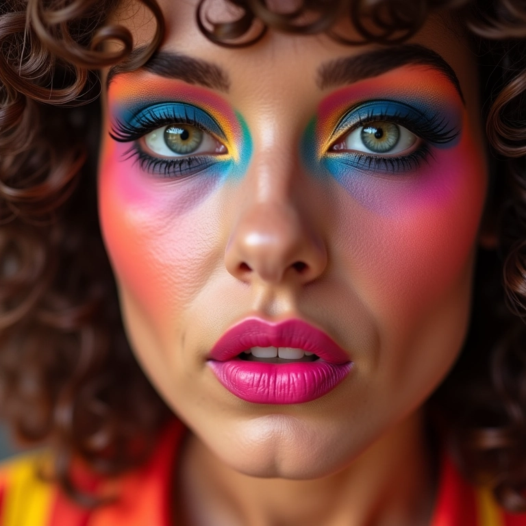 Maquiagem vibrante dos anos 80 com olhos coloridos, blush marcante e batom chamativo.