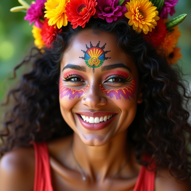 Maquiagem vibrante para Festa Junina com sorriso de uma mulher brasileira.