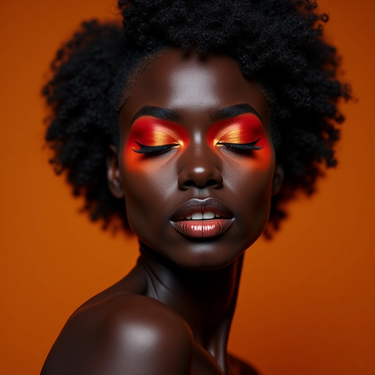 Maquiagem vibrante para madrinha de casamento com pele negra.