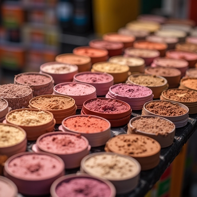 Marcas de pó compacto acessíveis exibidas em banca de mercado.