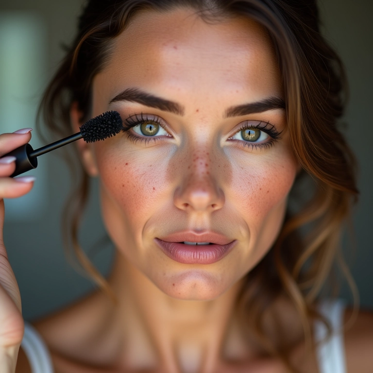 Máscara de cílios em pele com sardas.