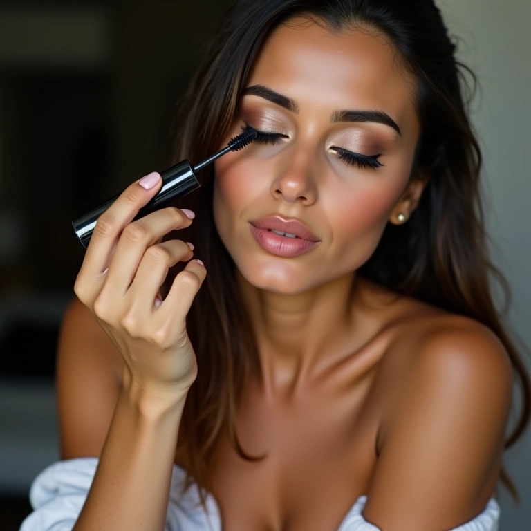 Máscara de cílios: finalizando o olhar na maquiagem árabe em mulher brasileira.