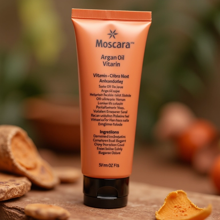 Máscara para cílios com ingredientes adicionais como óleo de argan e vitamina E destacados.