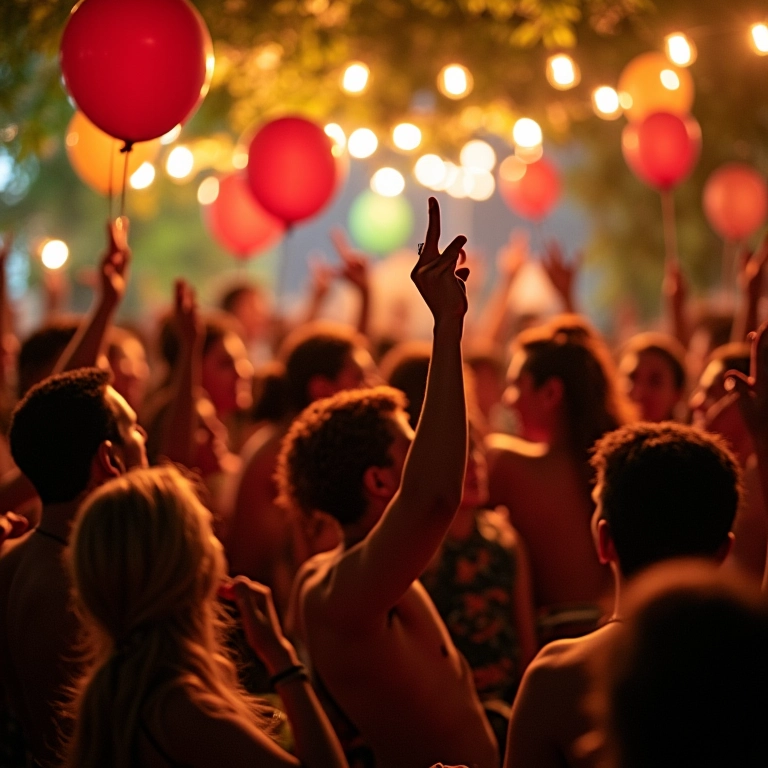Mesa de festa elegante com balões e iluminação suave.