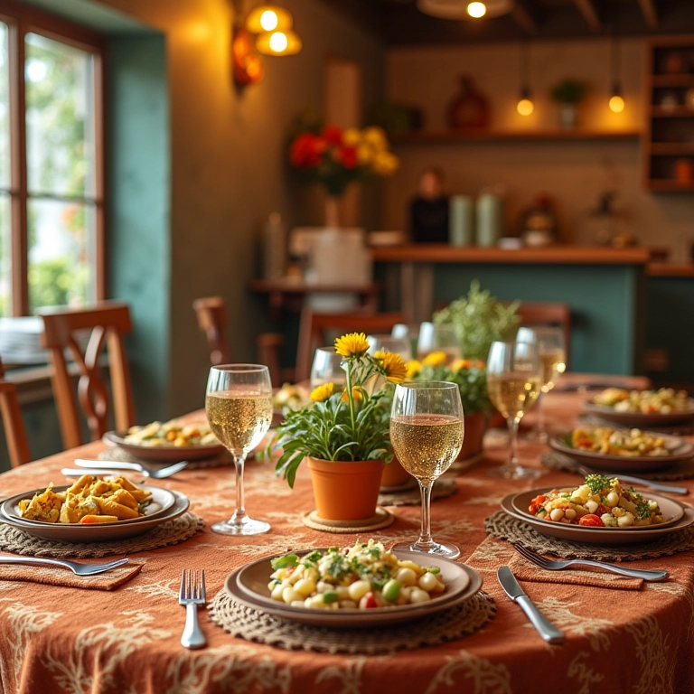 Mesa decorada com temas variados de festa, com detalhes elegantes e vibrantes.